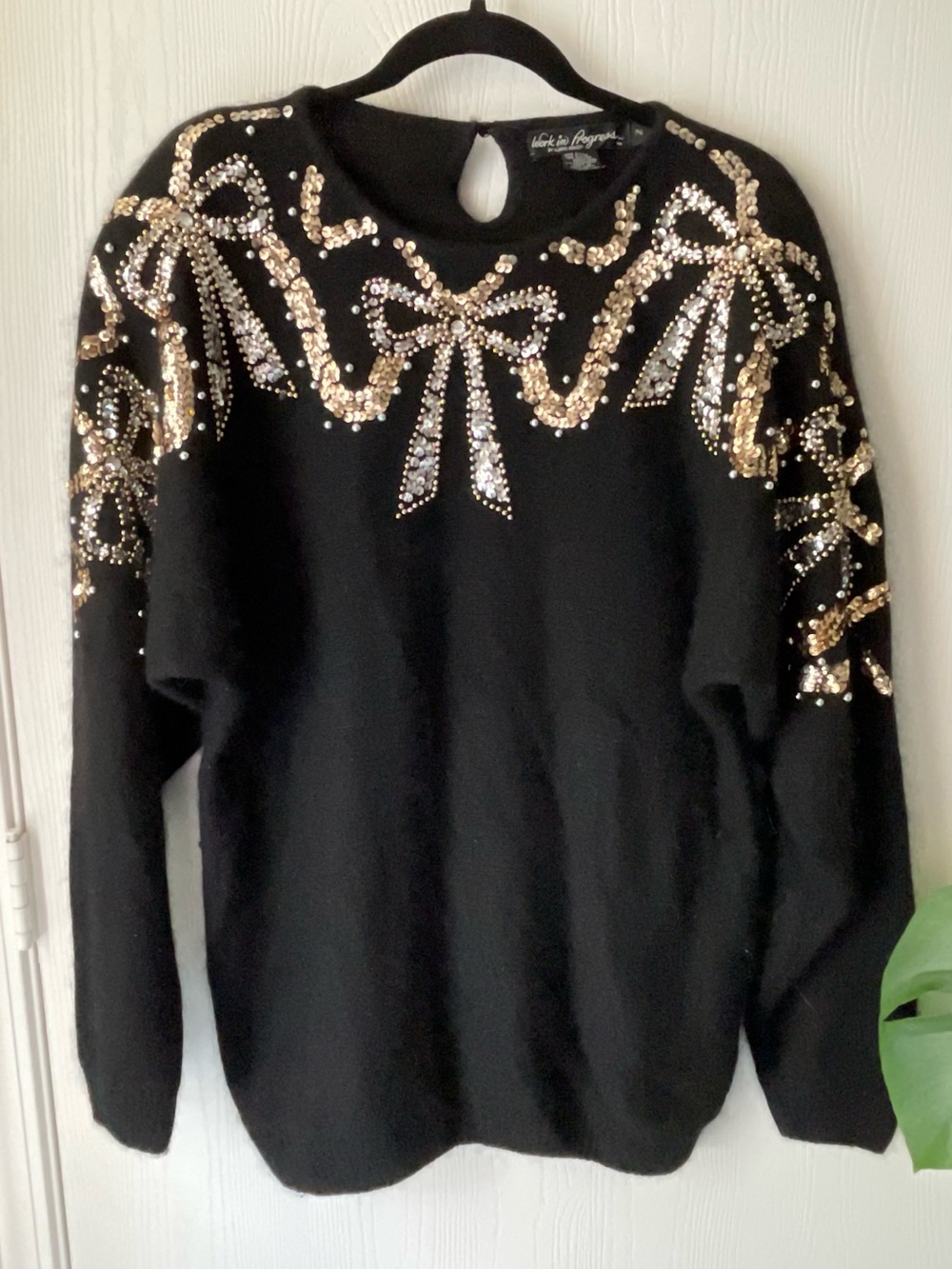 White House Black Market Black Sequin Bow Crewneck Sweater